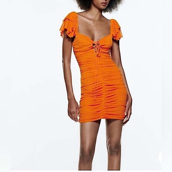 Zara Pleated Ruffle Mini Short Ruched Dress w/Ruffled Sleeves, Orange, Size S - Picture 7 of 11